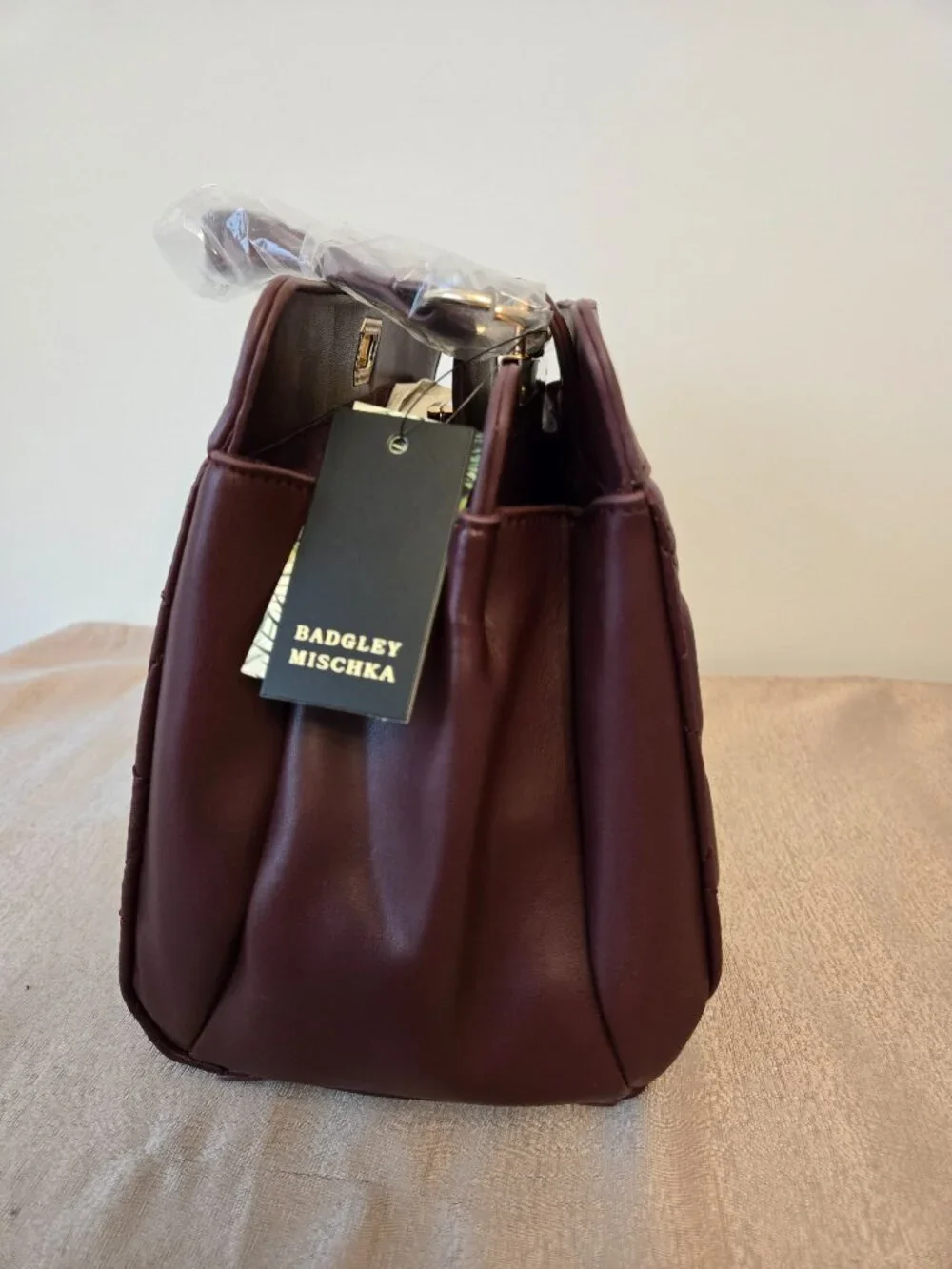 Badgley Mischka Quilted Mini Tote Bag Plum Vegan Leather NWT $179 MSRP